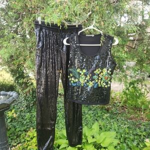VENUS Black Sequin Joggers & Beaded Tank Top M